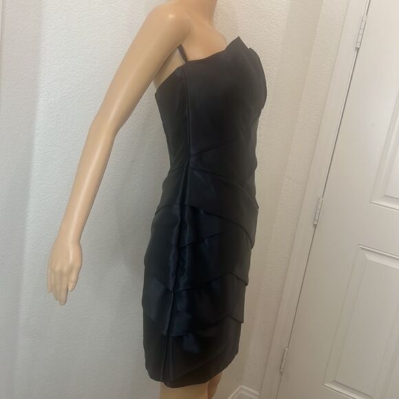 Jessica McClintock Black Dress Size 6 Strapless Satin Mini Slimming Tiered Layer - Picture 3 of 11